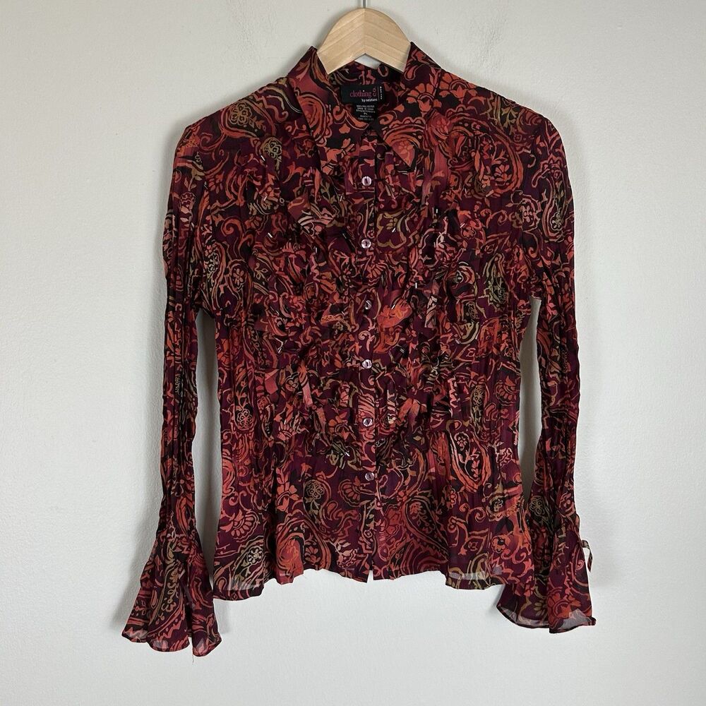 Fringe Blouse Button Up Shirt Top Festival Beaded Flare Long Sleeve Retro Boho